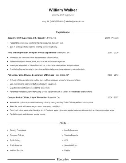 Security, Shift Supervisor Resume