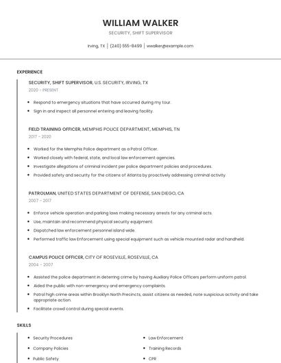 Security, Shift Supervisor Resume