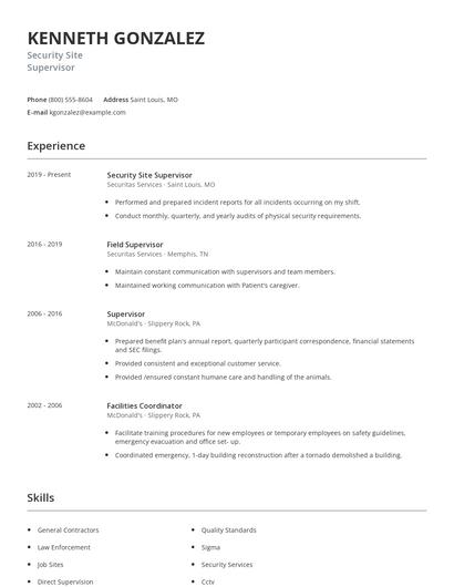 Security Site Supervisor Resume