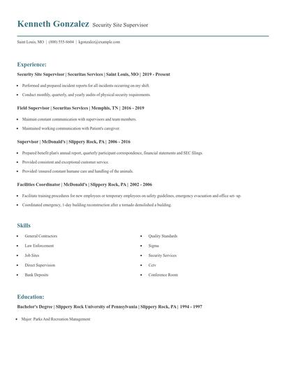 Security Site Supervisor Resume