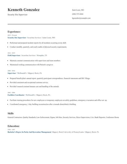 Security Site Supervisor Resume