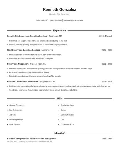 Security Site Supervisor Resume