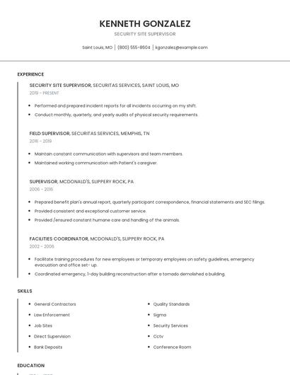 Security Site Supervisor Resume