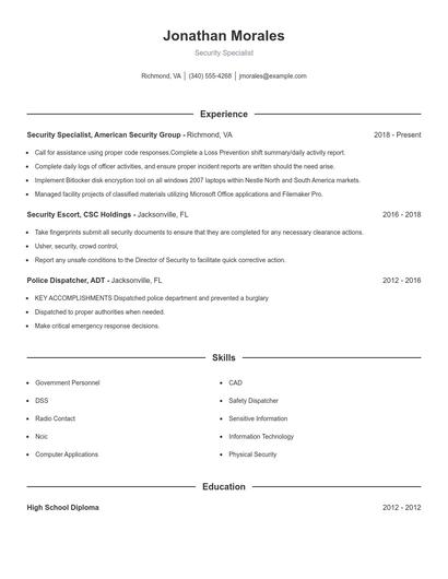 Security Specialist Resume