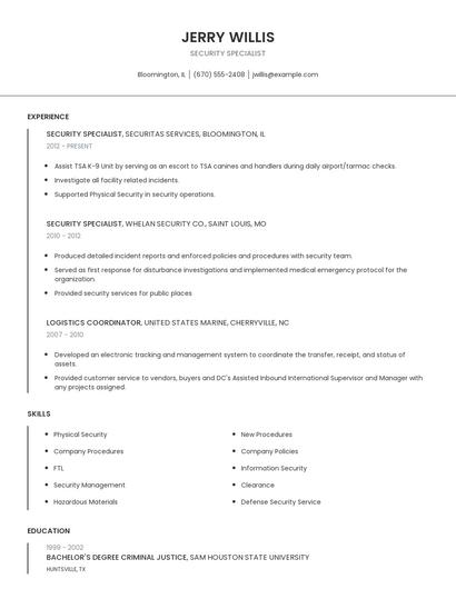 Security Specialist Resume