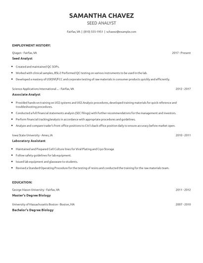 Seed Analyst Resume