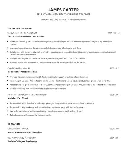 Self Contained Behavior Unit Teacher Resume