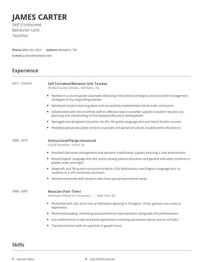 Self Contained Behavior Unit Teacher Resume