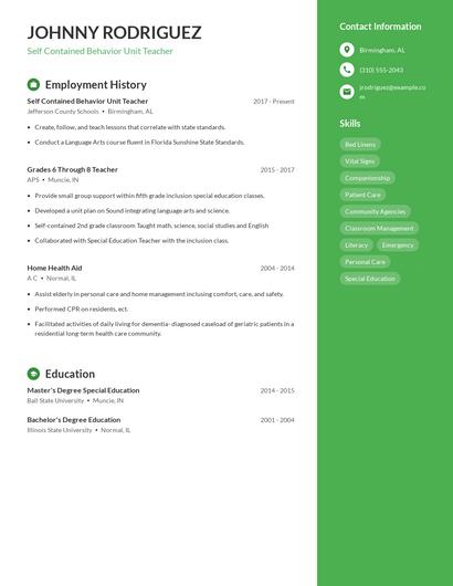 Self Contained Behavior Unit Teacher Resume