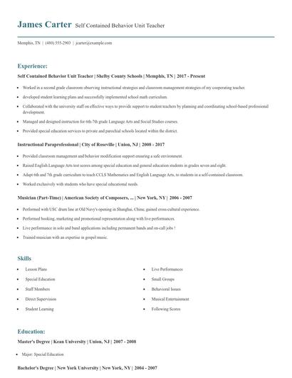 Self Contained Behavior Unit Teacher Resume