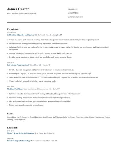 Self Contained Behavior Unit Teacher Resume