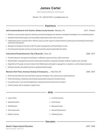 Self Contained Behavior Unit Teacher Resume