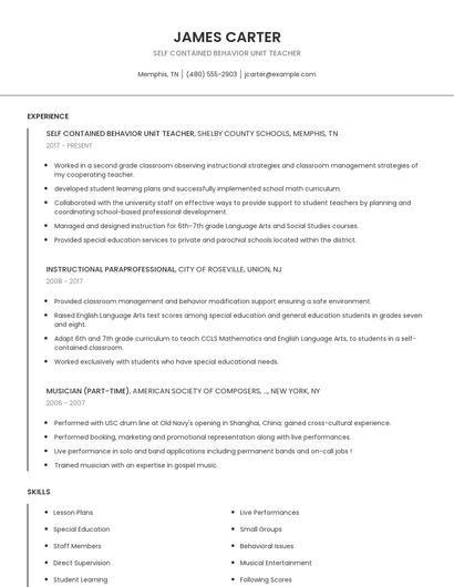 Self Contained Behavior Unit Teacher Resume