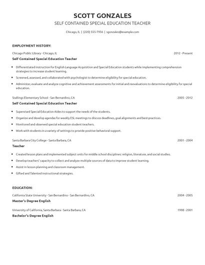 Self Contained Special Education Teacher Resume