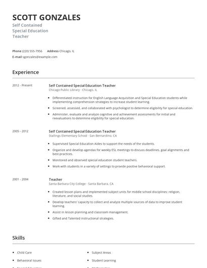 Self Contained Special Education Teacher Resume