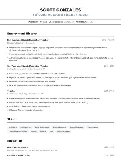 Self Contained Special Education Teacher Resume