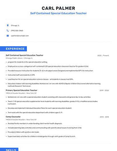 Self Contained Special Education Teacher Resume