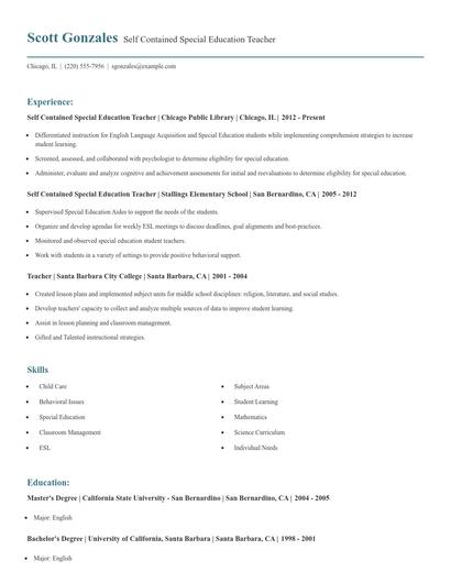Self Contained Special Education Teacher Resume