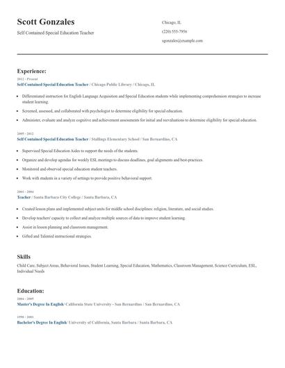 Self Contained Special Education Teacher Resume