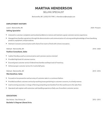 Selling Specialist Resume