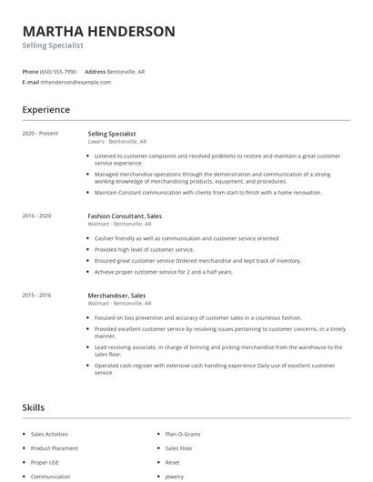 Selling Specialist Resume