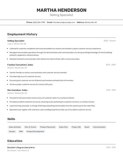 Selling Specialist Resume
