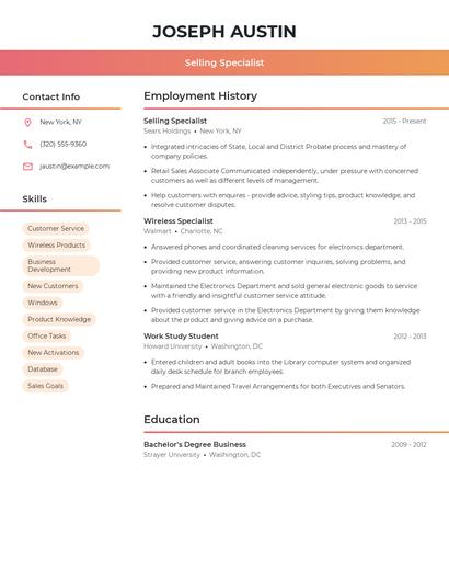 Selling Specialist Resume