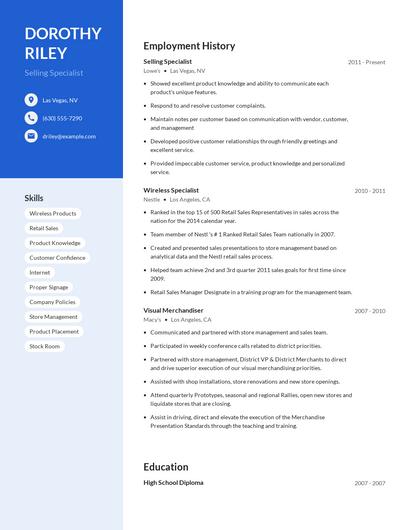 Selling Specialist Resume