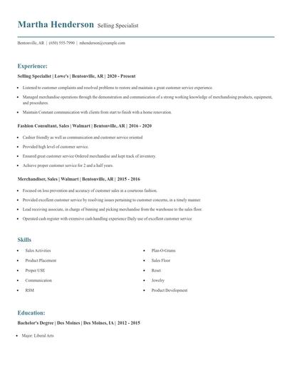 Selling Specialist Resume