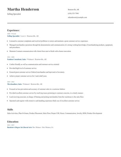 Selling Specialist Resume
