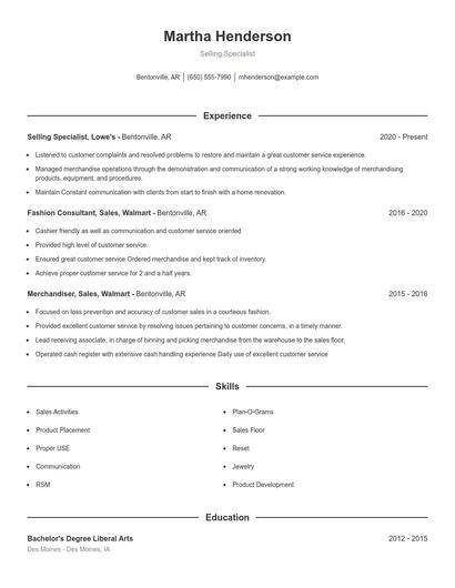 Selling Specialist Resume