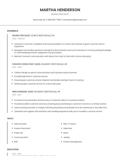 Selling Specialist Resume