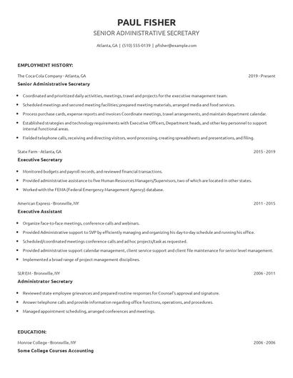 Senior Administrative Secretary Resume