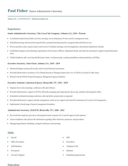 Senior Administrative Secretary Resume