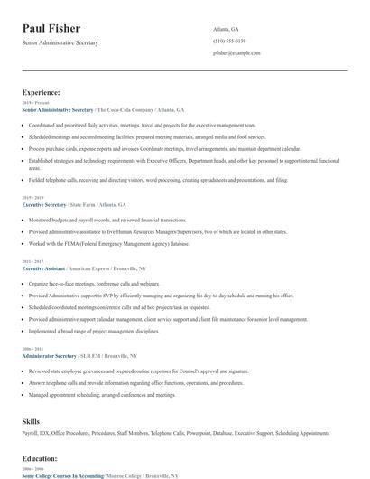 Senior Administrative Secretary Resume