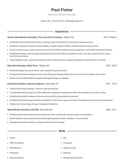 Senior Administrative Secretary Resume