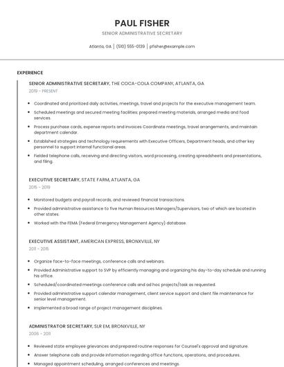Senior Administrative Secretary Resume