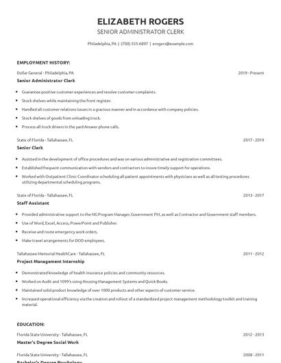 Senior Administrator Clerk Resume