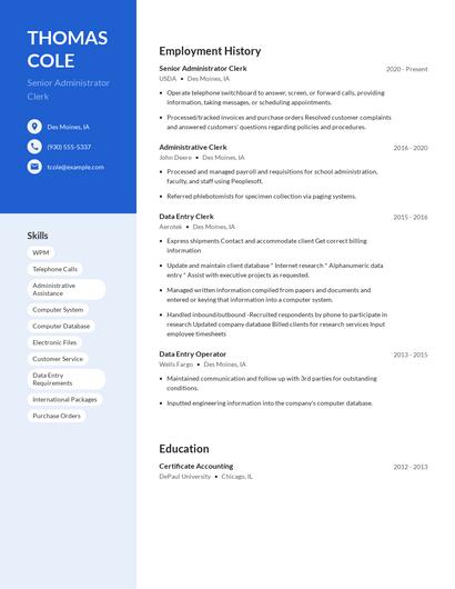 Senior Administrator Clerk Resume