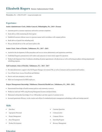 Senior Administrator Clerk Resume