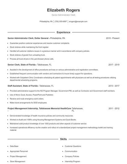 Senior Administrator Clerk Resume