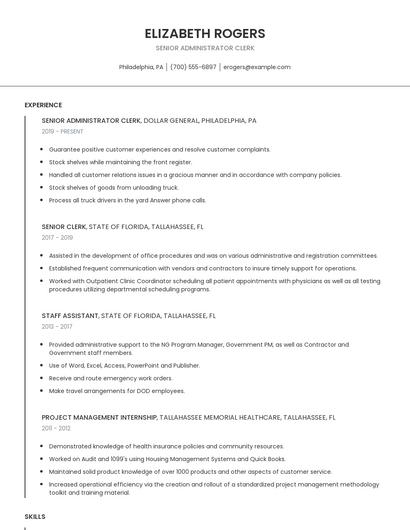 Senior Administrator Clerk Resume