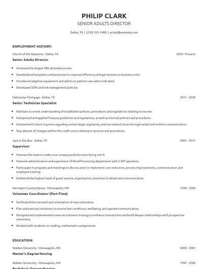Senior Adults Director Resume