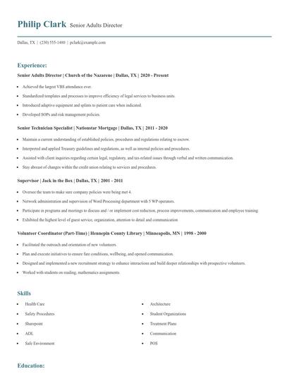 Senior Adults Director Resume