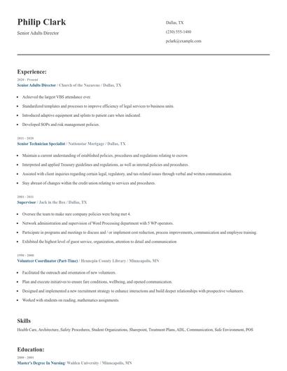 Senior Adults Director Resume
