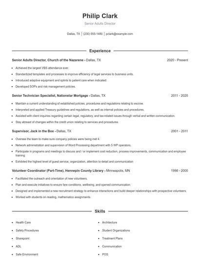 Senior Adults Director Resume
