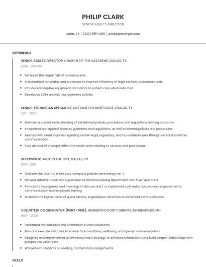 Senior Adults Director Resume