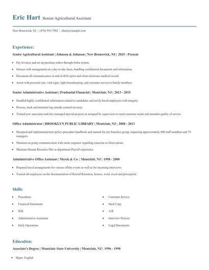 Senior Agricultural Assistant Resume