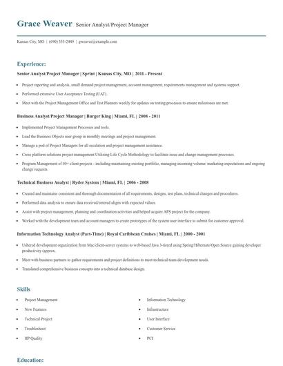 Senior Analyst/Project Manager Resume
