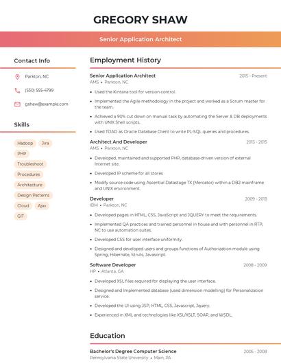 Senior Application Architect Resume